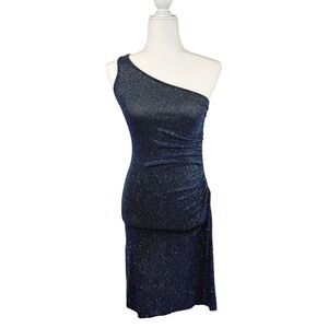 VTG City Triangles Metallic Glitter One Shoulder Dress S Blue Ruched Y2K Party